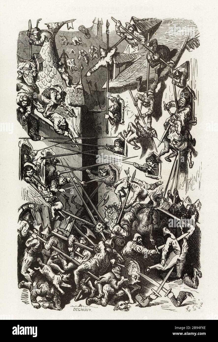 troubles civils. Illustration pour Honoré de Balzac, The Tales comical, Paris: General Society Library, 1855 (note: R8 ° Cc1405) Gustave Doré (1832-1883), dessinateur et Léopold Deghouy (1821-1861), cimetière. 'Troubles civils.' Illustration pour Honoré de Balzac, 'les Contes drolatiquess', Paris : Société générale de librairie, 1855'. Gravure sur bois. Paris, Maison de Balzac. Banque D'Images