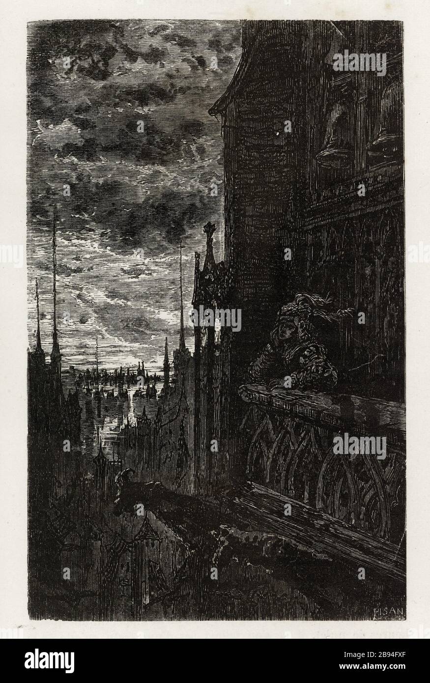 Les reveries dans les tours. Illustration pour Honoré de Balzac, The Tales comical, Paris: General Society Library, 1855 (note: R8 ° Cc1405) Gustave Doré (1832-1883), dessinateur et Héliodore Pisan (1822-1890), graveur. 'Resveries dans les tours.' Illustration pour Honoré de Balzac, 'les Contes drolatiquess', Paris : Société générale de librairie, 1855'. Gravure sur bois. Paris, Maison de Balzac. Banque D'Images