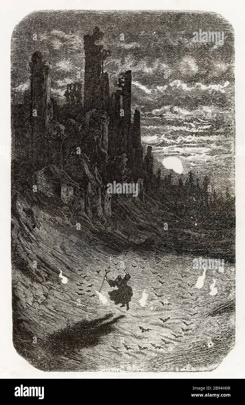Le Sabbat. Illustration pour Honoré de Balzac, The Tales comical, Paris: General Society Library, 1855 (note: R8 ° Cc1405) Gustave Doré (1832-1883), dessinateur et Adrien Lavieille (1818-1862), cimetière. 'Le sabbat.' Illustration pour Honoré de Balzac, 'les Contes drolatiquess', Paris : Société générale de librairie, 1855'. Gravure sur bois. Paris, Maison de Balzac. Banque D'Images