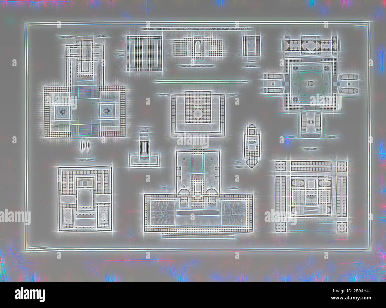 Divers bâtiments publics, selon le champ de Mars Piranais, plans d'étage de divers bâtiments au Campus Martius à Rome après Piranesi, signé: Gravé par J. J. J. de la porte, PL. 16, p. 41, porte, J. J. de la (gravé), Jean-Nicolas-Louis Durand : Recueil et parallèle des endifes de tout genre, anciens et modernes, marquables par leur beau beau, par leur grandeur ou par leur singularité, et dessinés sur une même échelle. Paris : chez l'auteur, 1801 ans, réimaginé par Gibon, design chaleureux et gai, lumineux et lumineux. L'art classique réinventé avec une touche moderne. Photo Banque D'Images