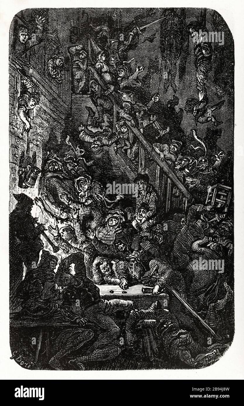 Truanderie. Illustration pour Honoré de Balzac, The Tales comical, Paris: General Society Library, 1855 (note: R8 ° Cc1405) Gustave Doré (1832-1883), dessinateur et François Rouget (1811-1886), graveur. « Truanderie. » Illustration pour Honoré de Balzac, 'les Contes drolatiquess', Paris : Société générale de librairie, 1855'. Paris, Maison de Balzac. Banque D'Images