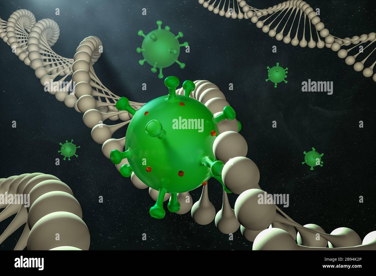Illustration médicale abstraite modélisée par ordinateur du coronavirus Novel 2019-nCoV covid-19 dans la chaîne d'ADN. Concept de protection contre la pandémie de virus. Microbiologie Banque D'Images