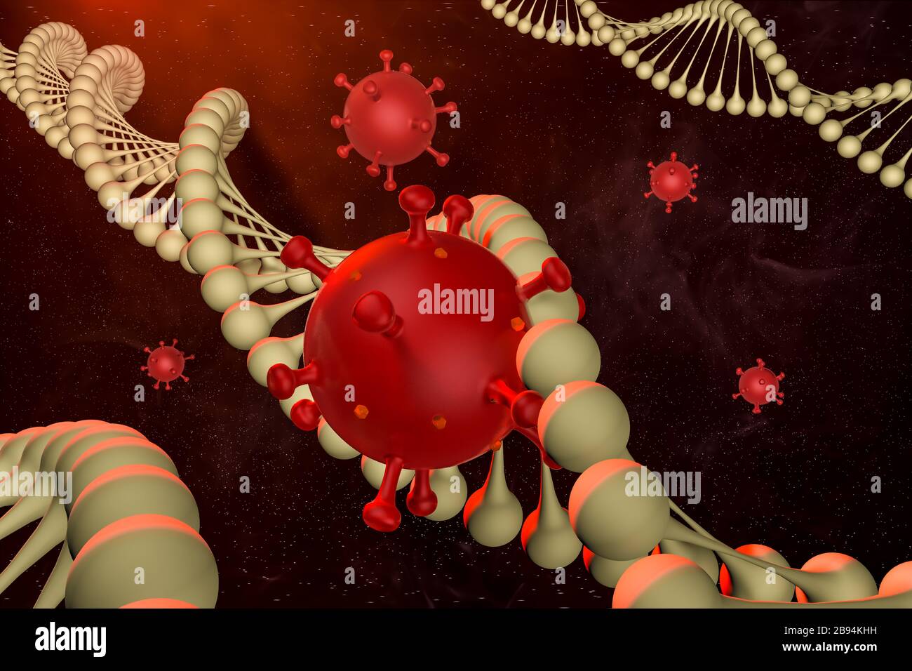 Illustration médicale abstraite modélisée par ordinateur du coronavirus Novel 2019-nCoV covid-19 dans la chaîne d'ADN. Concept de protection contre la pandémie de virus. Microbiologie Banque D'Images