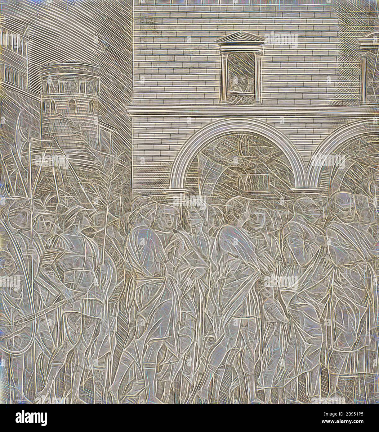 Les sénateurs - le Triumph de Julius Caesar, École d'Andrea Mantegna (Italien, 1426-1506), 1495-1498, gravure sur papier crème, 11-1/4 x 10-1/2 po. (Image et feuille), la série, le Triumph de Julius César, repensé par Gibon, conception de la gaie chaleureuse de luminosité et de rayons de lumière radiance. L'art classique réinventé avec une touche moderne. La photographie inspirée du futurisme, qui embrasse l'énergie dynamique de la technologie moderne, du mouvement, de la vitesse et révolutionne la culture. Banque D'Images