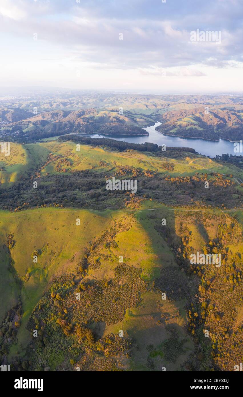 La lumière du soleil du soir brille sur les collines verdoyantes de la baie East Bay dans le nord de la Californie. Cette région, à l'est de la baie de San Francisco, est verte en hiver. Banque D'Images