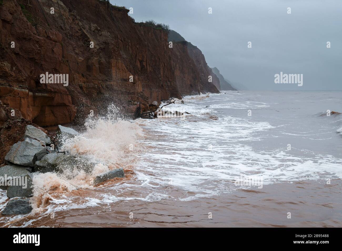 Une image de printemps de la mudstone de Red-Brown à Salcombe Hill Cliff près de Sidmouth, Devon, porte d'entrée de la côte jurassique d'Angleterre. 15 mars 2020 Banque D'Images