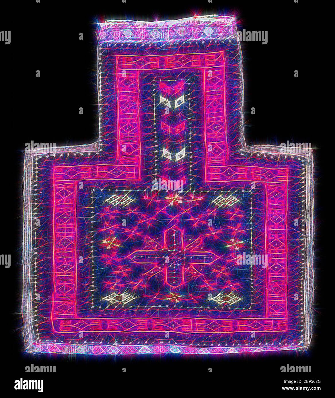 Sachet de sel, Baluchi peuple, vers 1900, laine, 17 x 18 in., textile et la mode Arts, repensé par Gibon, design de gaie chaud gaie de luminosité et de rayons de lumière radiance. L'art classique réinventé avec une touche moderne. La photographie inspirée du futurisme, qui embrasse l'énergie dynamique de la technologie moderne, du mouvement, de la vitesse et révolutionne la culture. Banque D'Images