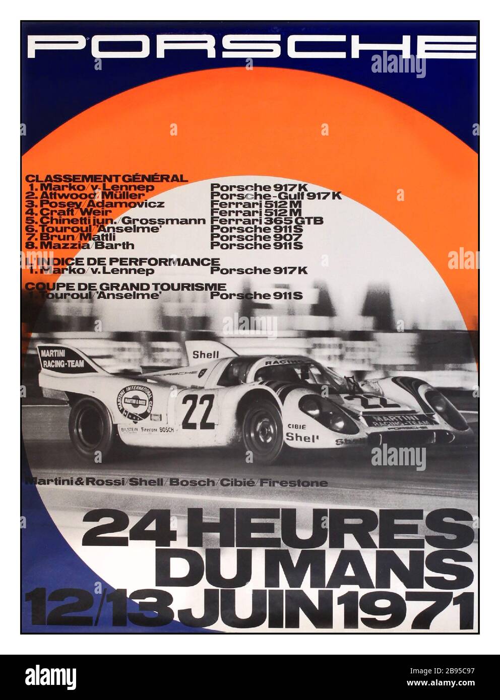 Porsche Poster Archive 1971 24 heures du Mans 39ème Grand Prix d'endurance, a eu lieu les 12 et 13 juin 1971. C'était le neuvième tour du championnat international de 1971. Dominé par Porsche Helmut Marko et Geijs van Lennep remporté par trois tours d'Attwood et Müller 24 HEURES DU MANS 12/13 juin 1971 France Banque D'Images