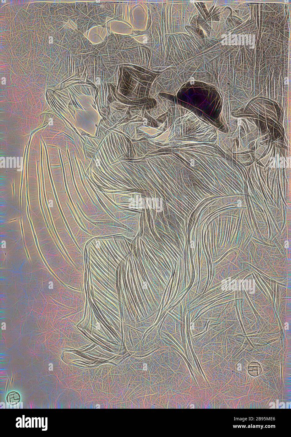 Au Moulin Rouge : un peu désagréable ! Un Vrai impoli! (Au Moulin Rouge - UN impoli! A True rude!), Henri de Toulouse-Lautrec (français, 1864-1901), Edward Ancourt, Imprimeur (français), 1893, encre sur papier, lithographie, 14-1/4 x 10 po. (image) 14-3/4 x 10-3/4 po. (Feuille), inscrite au crayon, L.L.: 71, estampillée en rouge, L.L.: HTL (Lugt 1338), réinventée par Gibon, conception de lumière chaude et gaie rayonnant de lumière et de radiance. L'art classique réinventé avec une touche moderne. Photographie inspirée par le futurisme, embrassant l'énergie dynamique de la technologie moderne, le mouvement, la vitesse et révolutionnez la culture. Banque D'Images