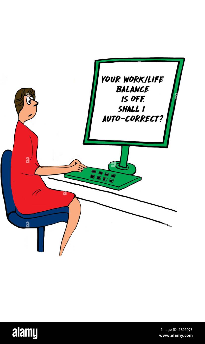 Un dessin animé en couleur qui dépeint une femme surprise lisant son écran d'ordinateur. L'écran affiche « votre banace travail/vie privée est désactivée. Dois-je corriger automatiquement ?» Banque D'Images