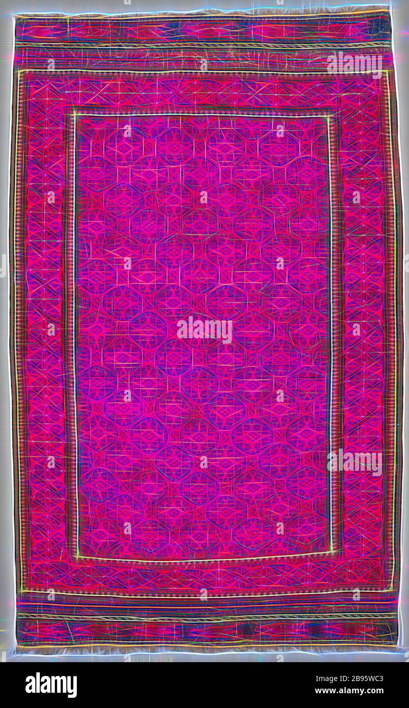 Tapis, Baluchi peuple, vers 1880, laine, 58 x 92 in., textile et la mode Arts, reimaginé par Gibon, design de gaie chaleureuse de luminosité et rayons de lumière radiance. L'art classique réinventé avec une touche moderne. La photographie inspirée du futurisme, qui embrasse l'énergie dynamique de la technologie moderne, du mouvement, de la vitesse et révolutionne la culture. Banque D'Images