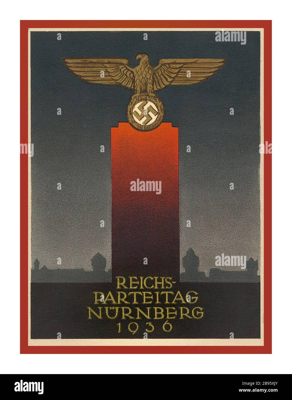 Vintage Nazi Propaganda 1936 Reichs Parteitag Nurnberg German Eagle avec nazi Swastika sur plinthe rouge Nurnberg Allemagne nazie Banque D'Images