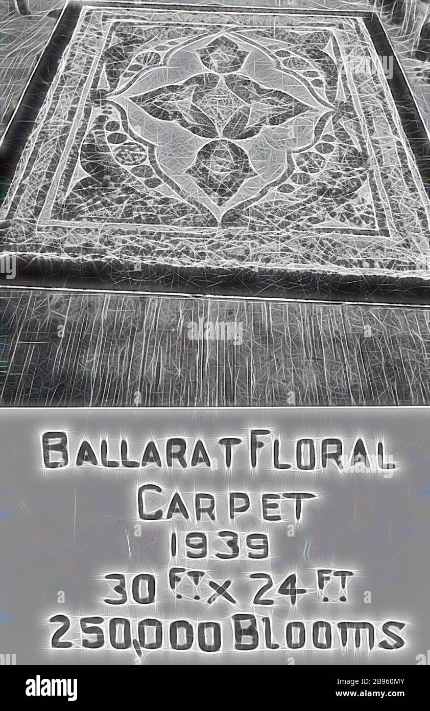 Négatif - "Ballarat Floral Carpet", Ballarat, Victoria, 1939, le tapis floral de Ballarat: 30 pieds par 24 pieds, et contenant 250 000 fleurs., repensé par Gibon, design de glanissement chaud et gai de luminosité et de rayons de lumière. L'art classique réinventé avec une touche moderne. La photographie inspirée du futurisme, qui embrasse l'énergie dynamique de la technologie moderne, du mouvement, de la vitesse et révolutionne la culture. Banque D'Images