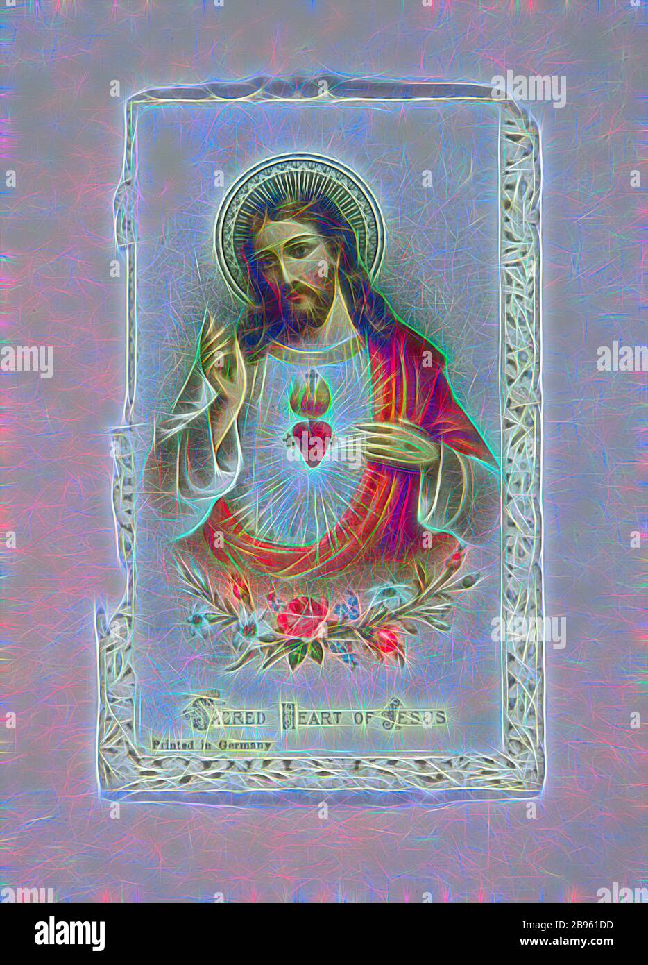 Carte - 'coeur de Jésus', première Guerre mondiale, octobre 1915, carte avec image pleine couleur de Jésus sur le devant, en octobre 1915, pendant la première Guerre mondiale. Son auteur est inconnu, bien qu'il ait été acquis par le Musée Victoria avec une collection de matériel lié au service du soldat William Nairn, Qui s'est enrôler en septembre 1916 et a été tué en juillet 1918. Les initiales 'E.S. à l'époque sont probablement celles de sa future femme, Eileen Shannahan, qu'il a épousé, réimaginé par Gibon, conception de chaleureux gai lumineux et lumineux rayonnant de lumière. L'art classique réinventé avec une touche moderne. Photographie i Banque D'Images