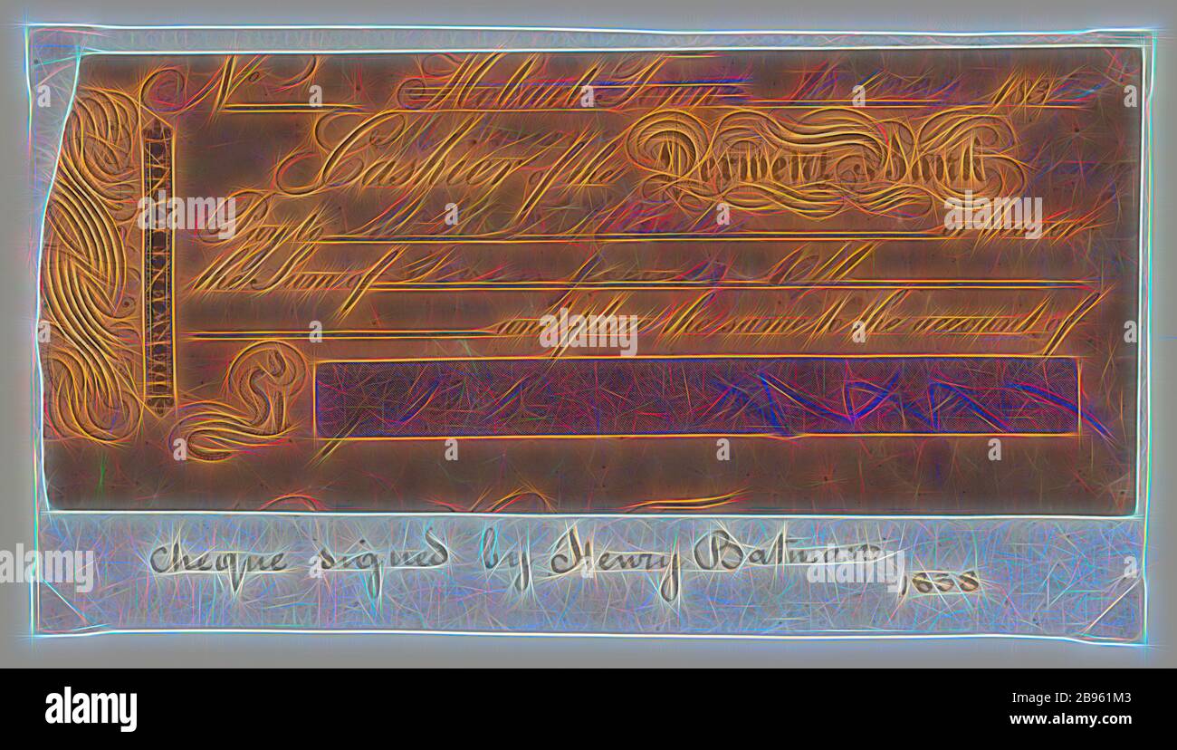 Chèque - Henry Batman, Derwent Bank, succursale de Melbourne, Victoria, Australie, 18 mai 1838, vérifier la présence de 7 livres 13 shillings 6 penny émis à W.F.A. Rucker ou porteur et le même pour Henry Batman, 18 mai 1838. Signé par Henry Batman., réinventé par Gibon, design de gaieté chaleureuse et gaie de la luminosité et des rayons de lumière radiance. L'art classique réinventé avec une touche moderne. La photographie inspirée du futurisme, qui embrasse l'énergie dynamique de la technologie moderne, du mouvement, de la vitesse et révolutionne la culture. Banque D'Images