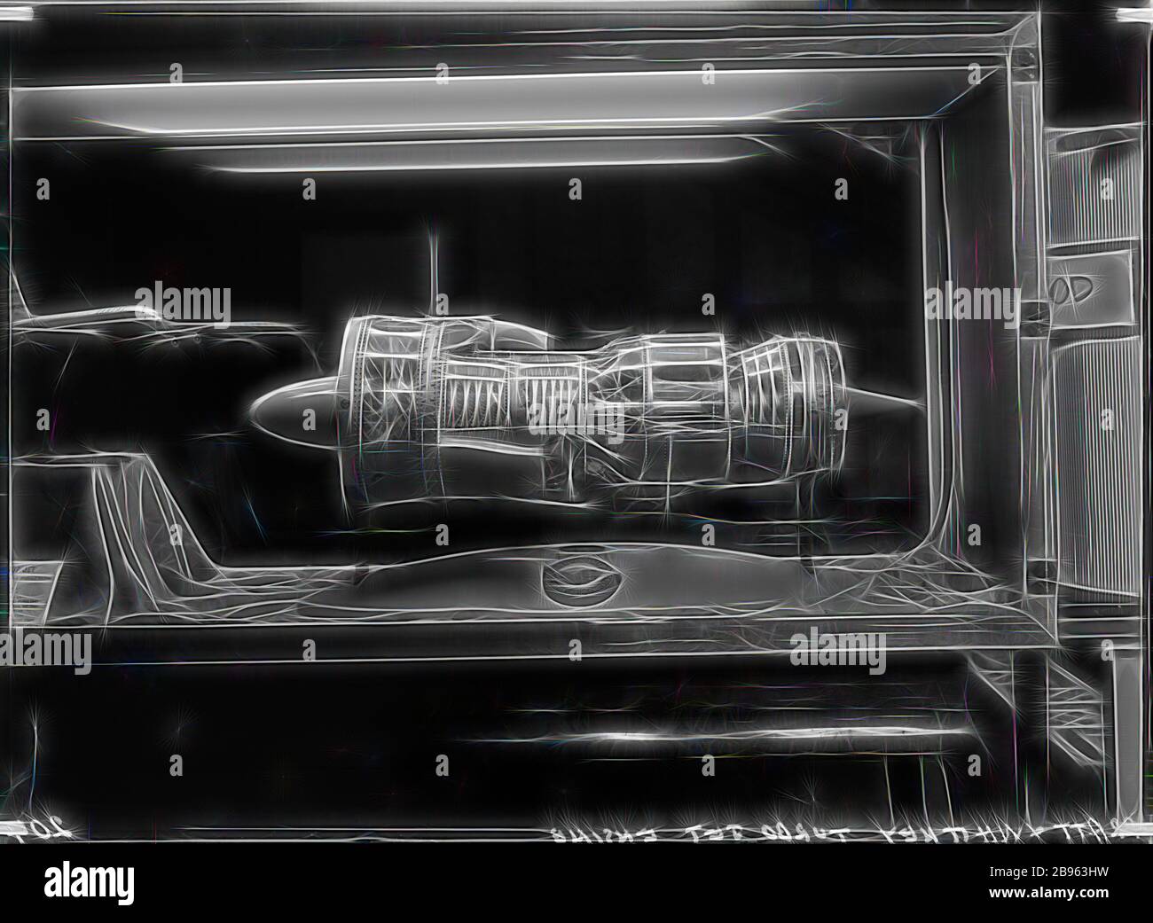 Négatif en verre - Pratt & Whitney Turbo Jet Engine, Museum of Applied Science (Science Museum), Melbourne, vers les années 1950, Photographie de Pratt & Whitney Turbo Jet Engine au Musée des sciences appliquées, Swanston Street, vers les années 1950., repensée par Gibon, conception d'un brillant chaleureux de luminosité et de rayonnement de rayons lumineux. L'art classique réinventé avec une touche moderne. La photographie inspirée du futurisme, qui embrasse l'énergie dynamique de la technologie moderne, du mouvement, de la vitesse et révolutionne la culture. Banque D'Images