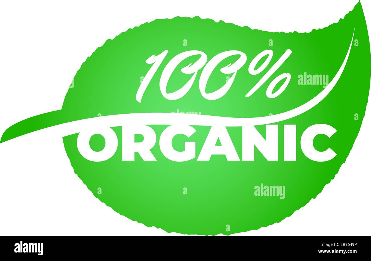 100 pour cent certifié de qualité produit biologique frais sain sur étiquette de feuille verte. Symbole de garantie écologique naturel badge concept vecteur isolé eps illustration Illustration de Vecteur