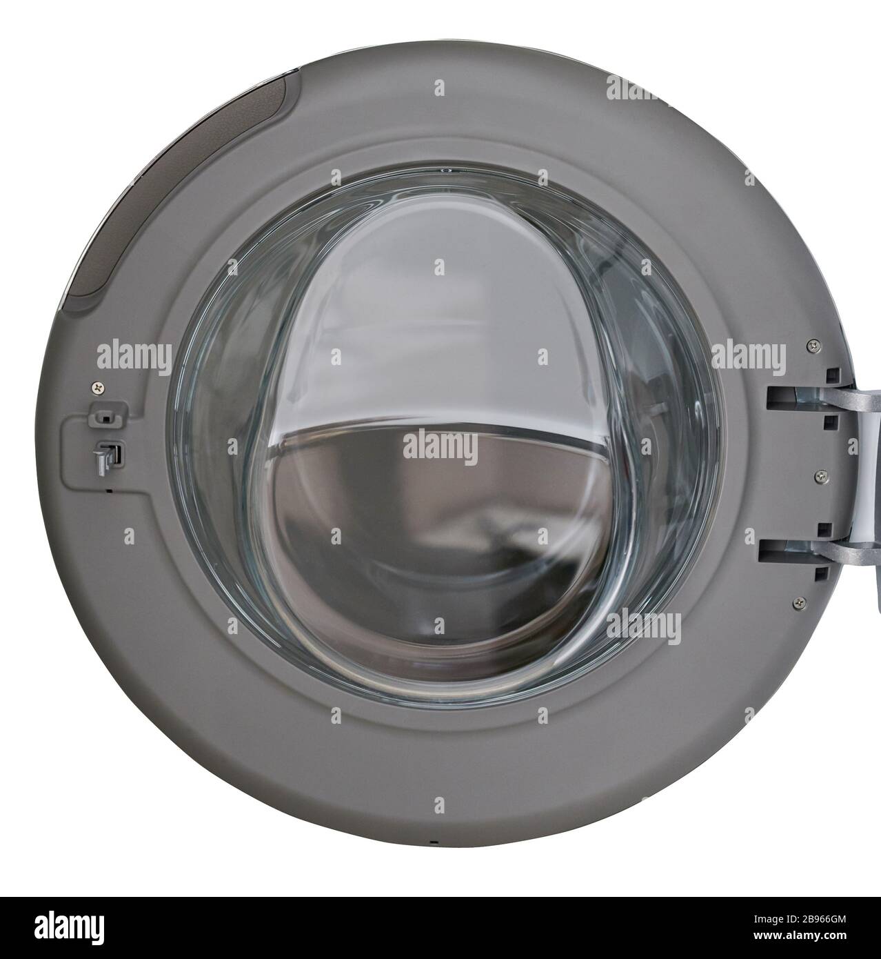 Lave-linge rond porte ouverte isolée sur fond blanc Banque D'Images