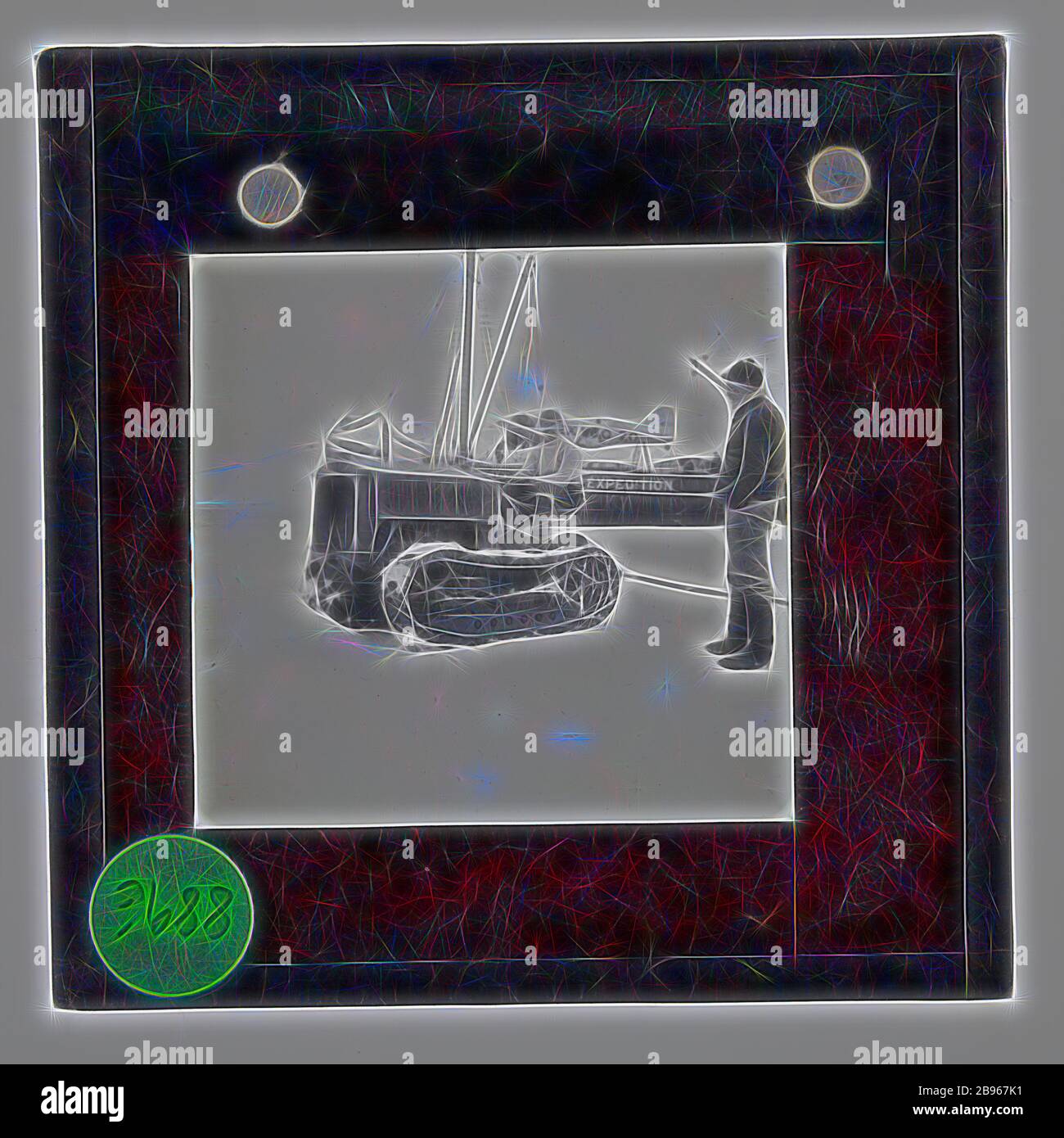 Lantern Slide - tracteur à neige sur la barrière de glace Ross, expédition de secours d'Ellsworth, Antarctique, 1935-1936, glissement lanterne d'un tracteur à neige sur la barrière de glace Ross. L'une des 328 images dans différents formats, y compris des œuvres d'art, des photographies, des négatifs en verre et des diapositives lanternes. Repensée par Gibon, design de la lueur chaleureuse et joyeuse de la luminosité et des rayons de lumière radiance. L'art classique réinventé avec une touche moderne. La photographie inspirée du futurisme, qui embrasse l'énergie dynamique de la technologie moderne, du mouvement, de la vitesse et révolutionne la culture. Banque D'Images