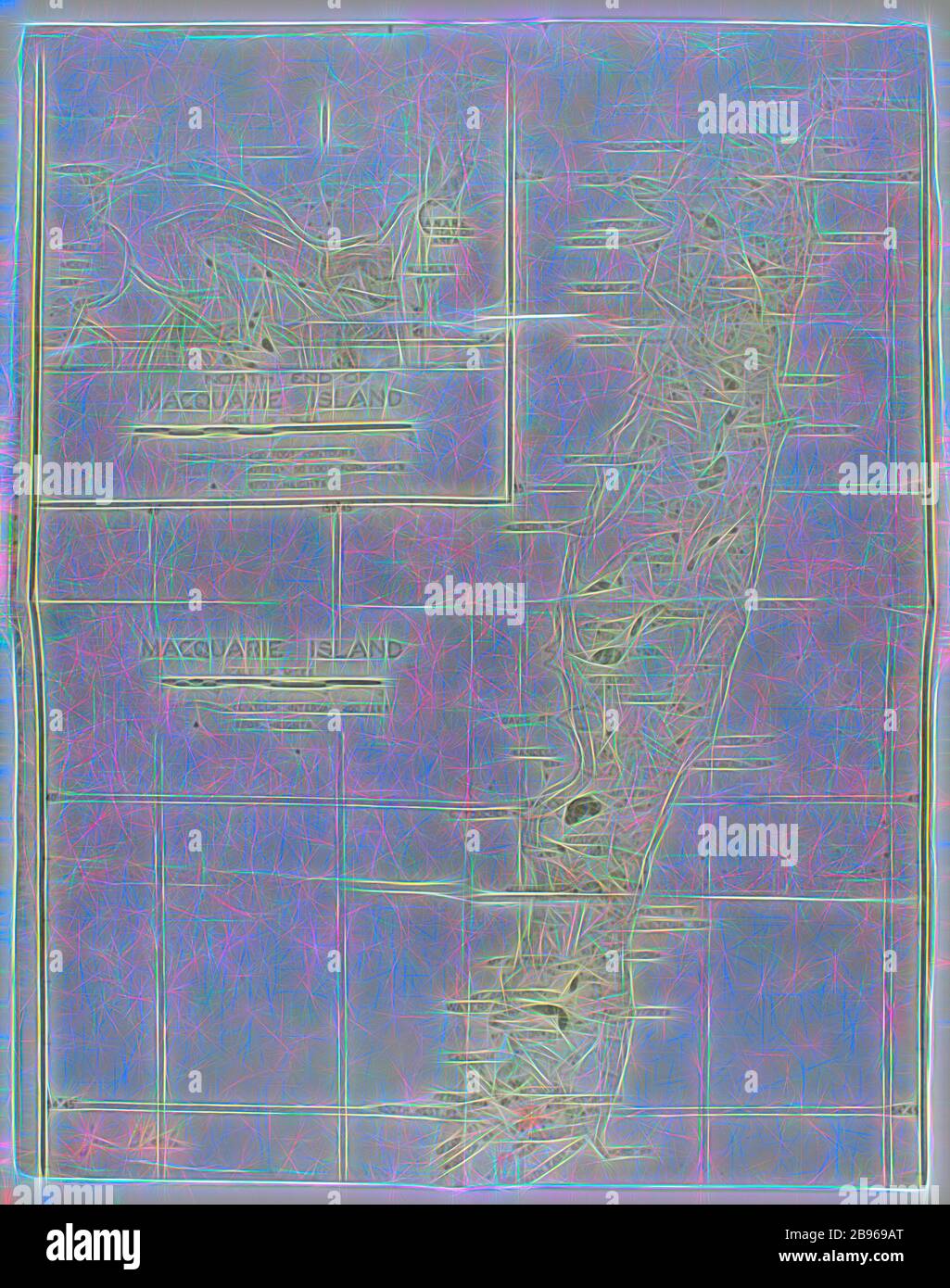Carte - Macquarie Island, Tasmanie, poste 1948, carte de Macquarie Island montrant les noms des lieux, les élévations, les coordonnées de navigation, en utilisant des mesures impériales. Hope Macpherson a été la première conservatrice féminine au Musée national de Victoria (maintenant le Musée Victoria). Hope avec Isobel Bennett, Susan Ingham et Mary Gillham ont été les premières femmes à visiter l'Antarctique lors de leur expédition de décembre 1959 à l'île Macquarie., réimaginé par Gibon, conception de chaleureux et joyeux rayonnant de lumière et de radiance. L'art classique réinventé avec une touche moderne. Photographie inspirée du futurisme, embrassant la dyn Banque D'Images
