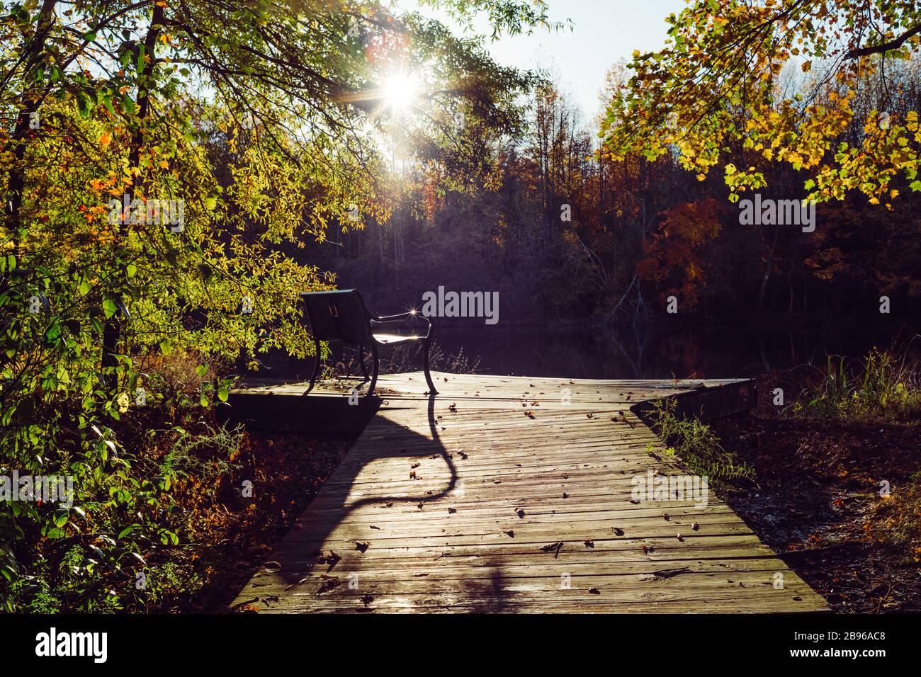 Un banc public dans un parc à côté d'un lac avec le soleil fait un endroit paisible pour la méditation Banque D'Images