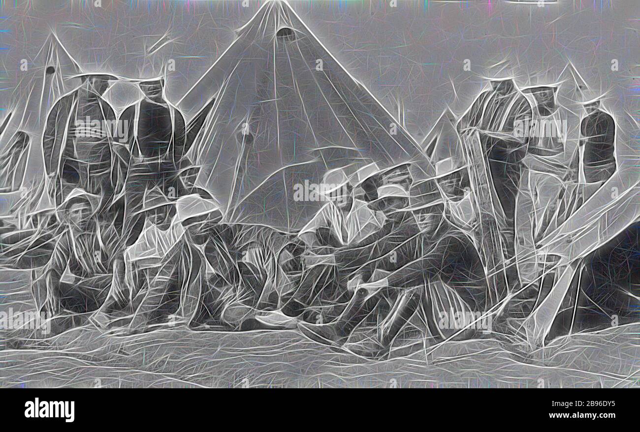 Négatif - les soldats se détendant devant Tent, Broadmeadows Army Camp, Victoria, première Guerre mondiale, 1915, les soldats assis devant des tentes au camp de l'Armée de Broadmeadows, la plupart portent des chapeaux blancs à large bord, repensés par Gibon, le design d'un brillant chaleureux et joyeux de la luminosité et des rayons de lumière. L'art classique réinventé avec une touche moderne. La photographie inspirée du futurisme, qui embrasse l'énergie dynamique de la technologie moderne, du mouvement, de la vitesse et révolutionne la culture. Banque D'Images