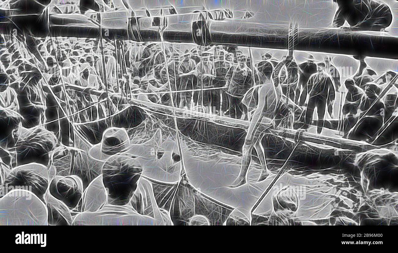 Négatif - soldats jouant aux Jeux sur le navire de la Troop HMAT Mahia, vers 1919, les soldats jouent sur le navire de troupes HMAT Mahia. Un soldat vient de frapper son adversaire d'un poteau dans une bâche remplie d'eau. Les soldats reviennent du service actif après la première Guerre mondiale, réinventée par Gibon, design de gai chaleureux de luminosité et de rayons lumineux radiance. L'art classique réinventé avec une touche moderne. La photographie inspirée du futurisme, qui embrasse l'énergie dynamique de la technologie moderne, du mouvement, de la vitesse et révolutionne la culture. Banque D'Images
