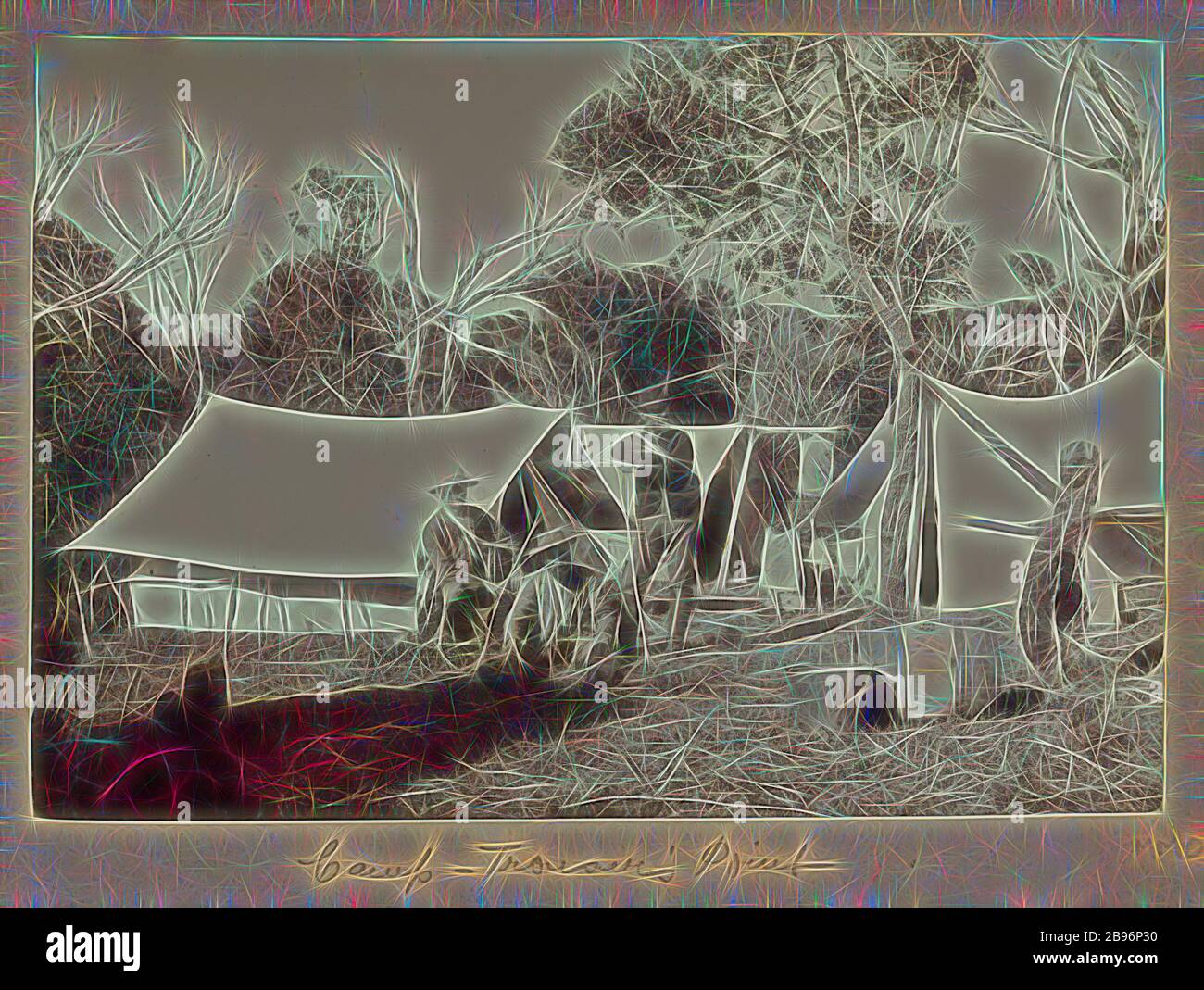 Photo - 'Camp at Pantalon point, Flinders Island', 1893, l'une des soixante-neuf photographies noir et blanc et sépia dans un album lié [dont six sont lâches] prises par un J Campbell lors d'une expédition scientifique du Field Naturalistes' Club de Victoria au groupe Furneaux des îles, Bass Strait, En 1893., réinventée par Gibon, design de glanissement chaleureux et joyeux de la luminosité et des rayons de lumière radiance. L'art classique réinventé avec une touche moderne. La photographie inspirée du futurisme, qui embrasse l'énergie dynamique de la technologie moderne, du mouvement, de la vitesse et révolutionne la culture. Banque D'Images