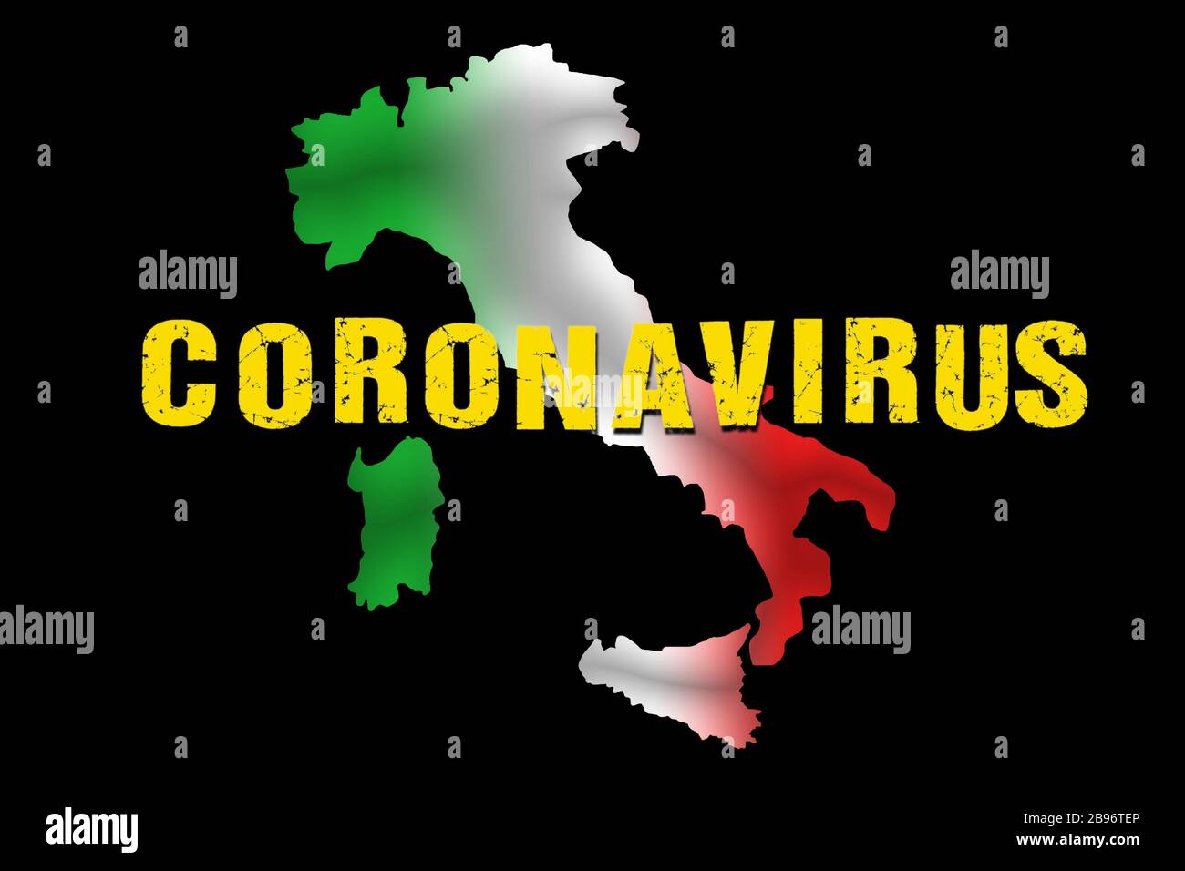 Titre DU VIRUS CORONA avec drapeau italien et carte des frontières de l'État sur fond noir Banque D'Images