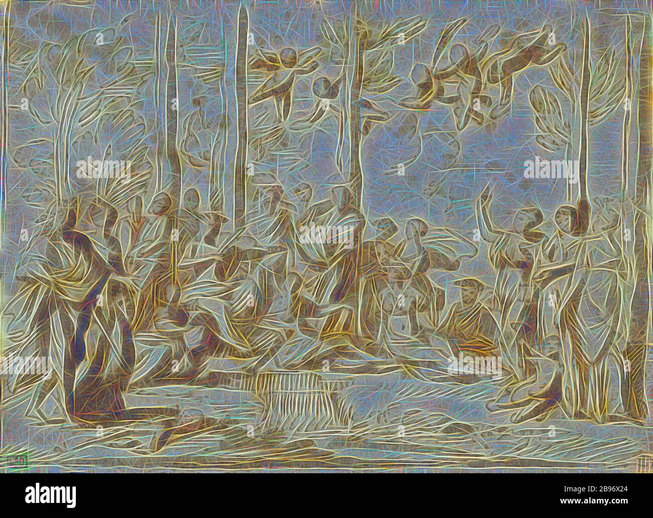 Apollo et les muses sur le Mont Parnassus, Nicolas Poussin (français, 1594 - 1665), France, vers 1626 - 1628 ou 1631, encre plume et marron, brosse avec lavage brun, petite section irrégulière à marge droite ajoutée, 17,6 × 24,6 cm (6 15/16 × 9 11/16 po), repensée par Gibon, conception d'un brillant chaleureux et joyeux de la luminosité et des rayons de lumière radiance. L'art classique réinventé avec une touche moderne. La photographie inspirée du futurisme, qui embrasse l'énergie dynamique de la technologie moderne, du mouvement, de la vitesse et révolutionne la culture. Banque D'Images