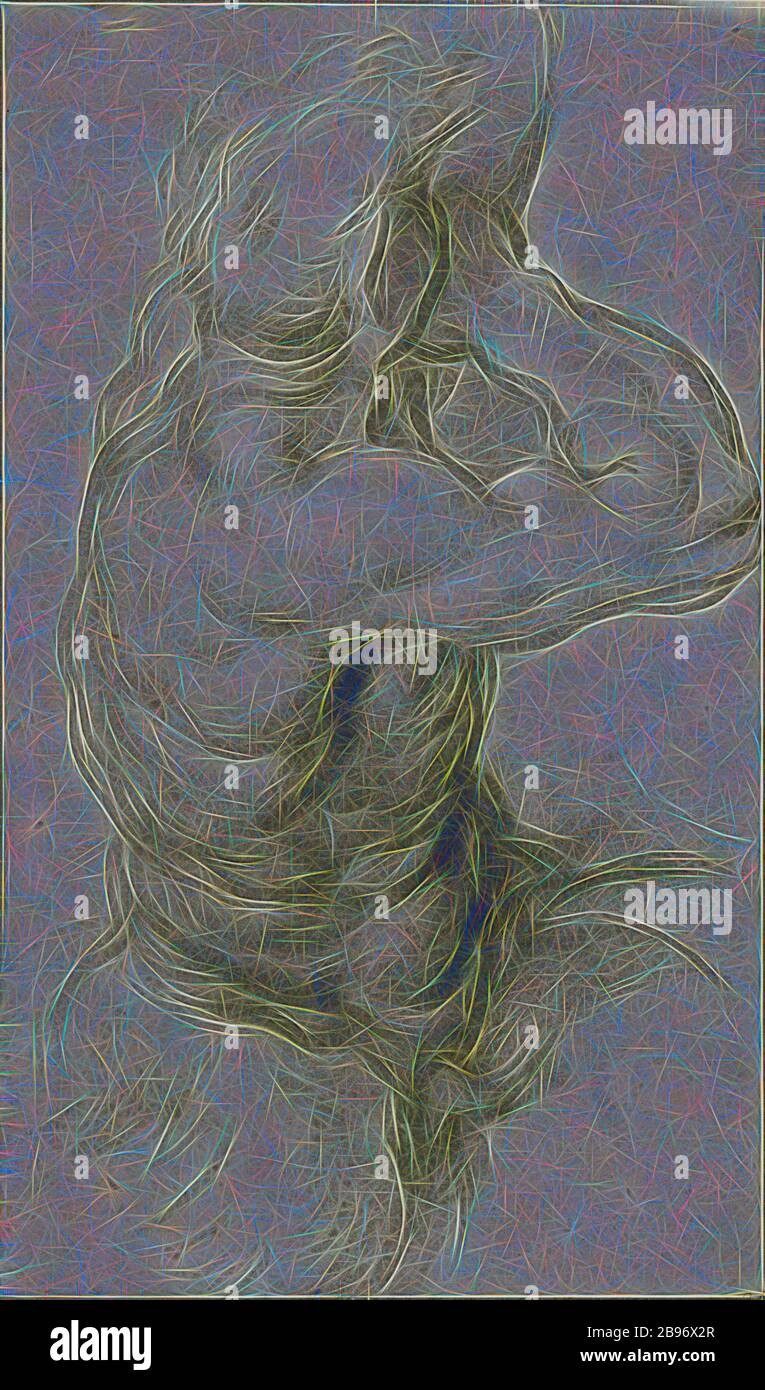 Étude de Triton Blowing a Conch Shell (recto), étude partielle d'un bras (verso), Annibale Carracci (italien, 1560 - 1609), environ 1600, craie noire et blanche sur papier bleu (recto), craie noire (verso), 40,6 x 24,1 cm (16 x 9 1/2 in.), repensée par Gibon, conception d'un brillant chaleureux et joyeux de la luminosité et des rayons de lumière radiance. L'art classique réinventé avec une touche moderne. La photographie inspirée du futurisme, qui embrasse l'énergie dynamique de la technologie moderne, du mouvement, de la vitesse et révolutionne la culture. Banque D'Images