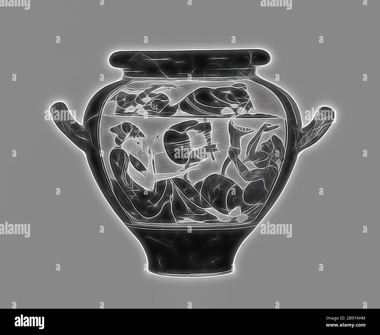 Mansarde Stamnos, Beaune Painter, Athènes, Grèce, environ 500 av. J.-C., terre cuite, 15,4 × 15,3 cm (6 1/16 × 6 1/16 po.), repensée par Gibon, design de gai chaleureux de luminosité et de rayonnement de lumière. L'art classique réinventé avec une touche moderne. La photographie inspirée du futurisme, qui embrasse l'énergie dynamique de la technologie moderne, du mouvement, de la vitesse et révolutionne la culture. Banque D'Images