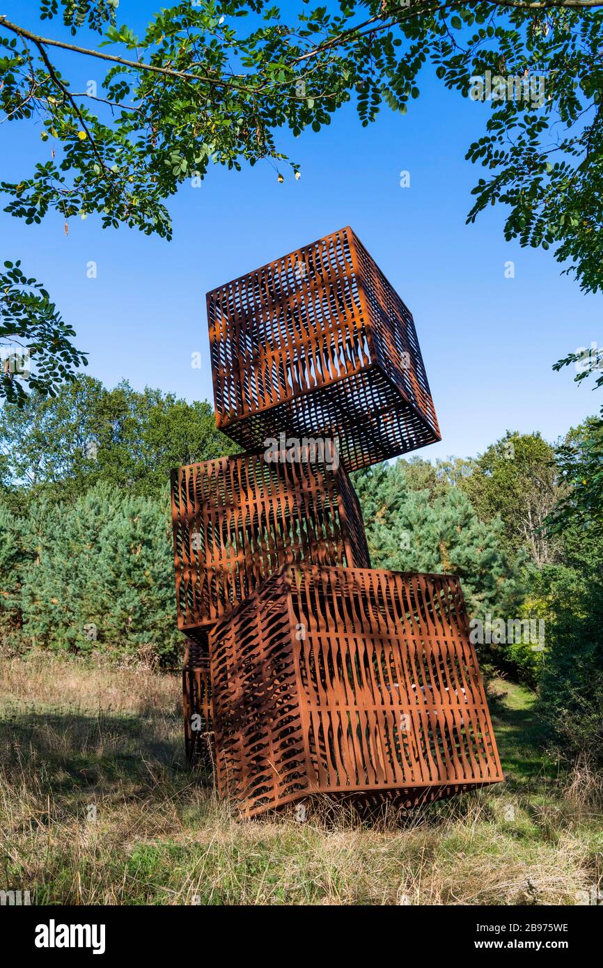 Installation cinq cubes par l'artiste Karl Menzen, International Art randonnée Trail Flaeming, parc naturel Park Hoher Flaeming, Potsdam-Mittelmark Banque D'Images