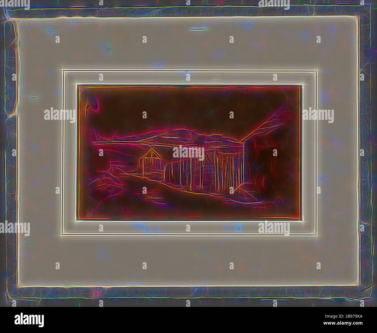 Vue sur la campagne avec château ou palais au sommet de la colline, Armand-Hippolyte-Louis Fizeau (français, 1819 - 1896), vers 1842, Daguerréotype, tithonotype, 9,2 × 15,4 cm (3 5/8 × 6 1/16 in.), repensée par Gibon, design de glanissement chaleureux de la luminosité et des rayons de lumière. L'art classique réinventé avec une touche moderne. La photographie inspirée du futurisme, qui embrasse l'énergie dynamique de la technologie moderne, du mouvement, de la vitesse et révolutionne la culture. Banque D'Images