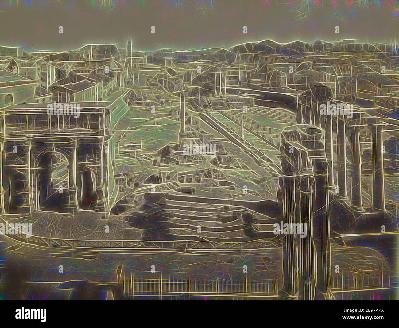 Roma - Foro Romano. Veduta Generale, fabricant inconnu, italien, Rome, Italie, vers 1880–1900, Albumen argent imprimé, 19,8 × 25,4 cm (7 13/16 × 10 in.), repensé par Gibon, design de glanissement chaleureux et gai de la luminosité et des rayons de lumière radiance. L'art classique réinventé avec une touche moderne. La photographie inspirée du futurisme, qui embrasse l'énergie dynamique de la technologie moderne, du mouvement, de la vitesse et révolutionne la culture. Banque D'Images