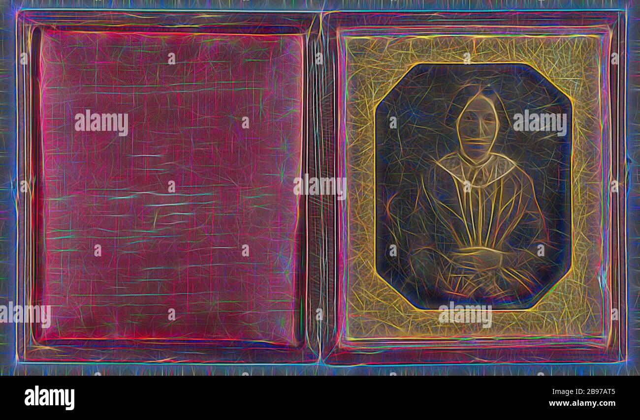 Portrait d'une femme assise à la main sur Lap, attribué à William J. Shew (américain, 1820 - 1903), 1845–1850, Daguerréotype, réinventé par Gibon, conception de glanissement chaleureux et gai de luminosité et de rayonnement de lumière. L'art classique réinventé avec une touche moderne. La photographie inspirée du futurisme, qui embrasse l'énergie dynamique de la technologie moderne, du mouvement, de la vitesse et révolutionne la culture. Banque D'Images