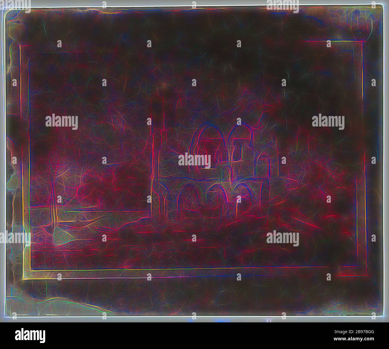 Copie d'un Gravure, William Henry Fox Talbot (Anglais, 1800 - 1877), 1839, imprimé de papier salé à partir d'un négatif photogénique de dessin, 13 × 19,2 cm (5 1/8 × 7 9/16 in.), réinventé par Gibon, conception de glanissement chaud et gai de lumière radiance. L'art classique réinventé avec une touche moderne. La photographie inspirée du futurisme, qui embrasse l'énergie dynamique de la technologie moderne, du mouvement, de la vitesse et révolutionne la culture. Photo Stock