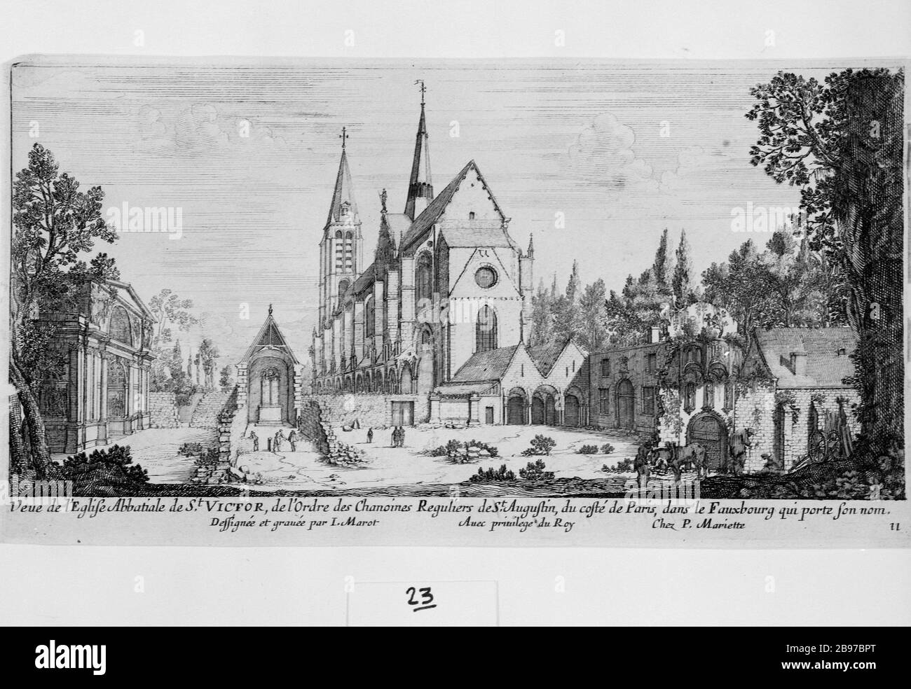 ABBAYE DE St-VICTOR, PARIS Jean Marot et Pierre Mariette. 'L'Eglise abbatale de Saint-Victor, Paris (Vème arr.)'. Eau-forte, 1727. Paris, musée Carnavalet. Banque D'Images