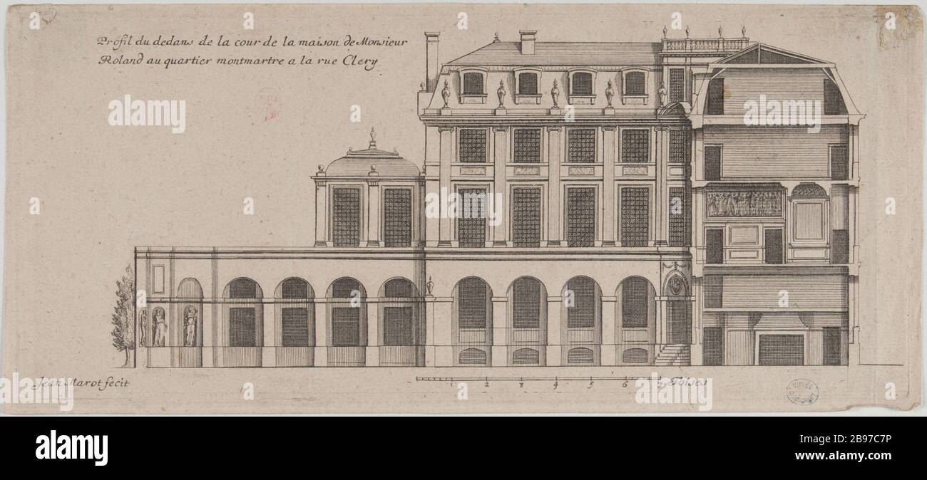 Profil dans la cour de la maison de Roland dans le quartier de Montmartre Cnery Street. Jean Marot (1619-79), auteur, architecte et dessinateur français. Profil des dedans de la cour de la maison de Monsieur Roland au quartier montmartre A la rue Cnery. Eau-forte. Paris, Musée Carnavalet, Histoire de Paris. Banque D'Images