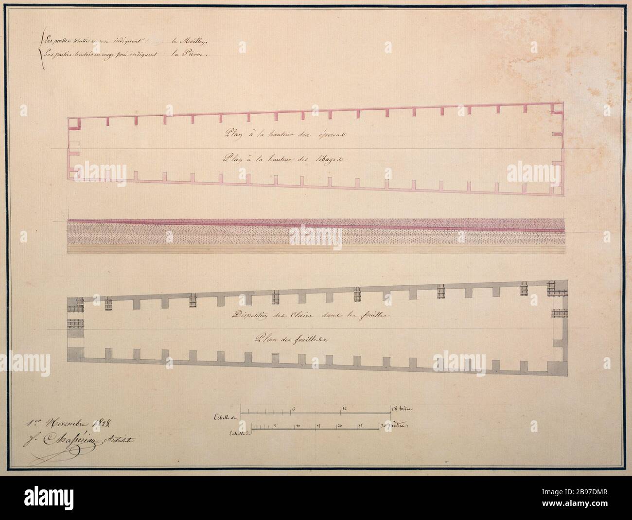 Planifie jusqu'aux espions jusqu'aux recherches et provisions de libages Théodore Chassiau (1819-1856). Plans à la hauteur des éperons à la hauteur des libages des fautes et dispositions des claies. Panache, encre brune, encre Noire, lavis rose, gris et brun, 01/11/1828. Paris, musée Carnavalet. Banque D'Images