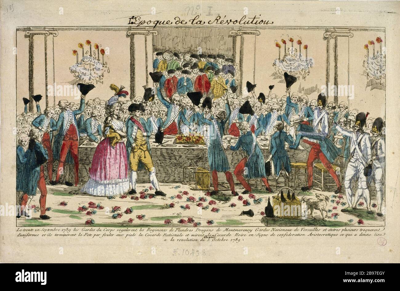 LE TEMPS DE LA RÉVOLUTION: 31 'l'époque de la révolution : le 31 septembre 1789, les gardes du corps régalèrent les régiments de Flandres, dragons de Montmorency, Garde nationale de Versailles...'. Estampe. Paris, musée Carnavalet. Banque D'Images