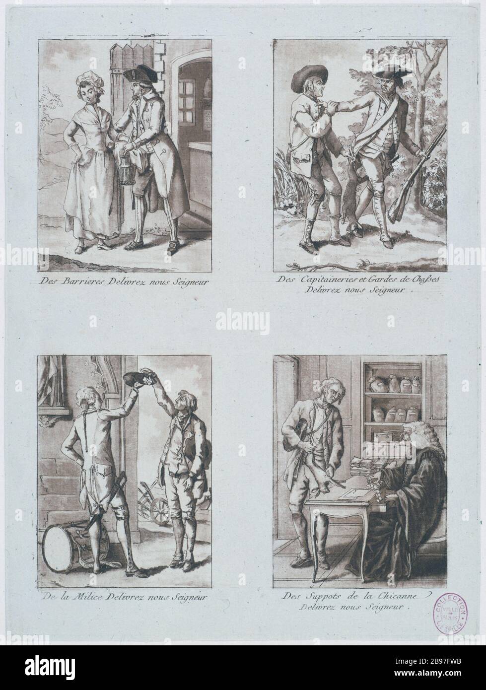 BARRIÈRES ... MILICE ... captaineries ... henchmen DE CHICANE, nous livrer Seigneur! 'Les barrières... De la milice... Des capitaineries... Des suppôts de la chicane, livrez nous Seigneur !'. Anonyme d'estampe. Paris, musée Carnavalet. Banque D'Images