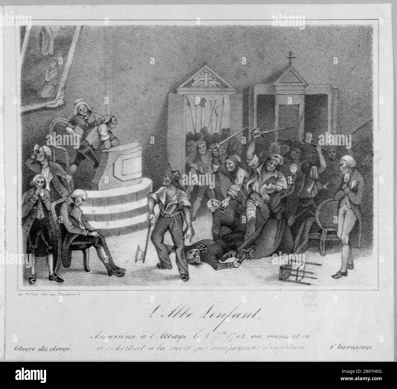 PÈRE ASSASSINÉ ENFANT À L'ABBAYE DE SAINT-GERMAIN-DES-PRES, 3 SEPTEMBRE 1792 SAINTE-MARGUERITE ACTUELLE 137-166 BOULEVARD SAINT-GERMAIN STREET GOZLIN, 6ÈME ARRONDISSEMENT. RÉVOLUTION FRANÇAISE Victor Perrot (1793 - ). 'L'Abbé Lenfant assassiné à l'Abbaye le 3 7bre 1792 au moment où il exhortait à la mort ses compagnes d'fortune'. Révolution française. Assassinat de l'abbé Lenfant à l'Abbaye de Saint-Germain-des-Prés, le 3 septembre 1792, rue Sainte-Marguerite, actuels 137-166, boulevard Saint-Germain et rue Gozlin, VIème arrondissement. Document du Cabinet d'arts graphiques. Lithographie. Paris, mu Banque D'Images