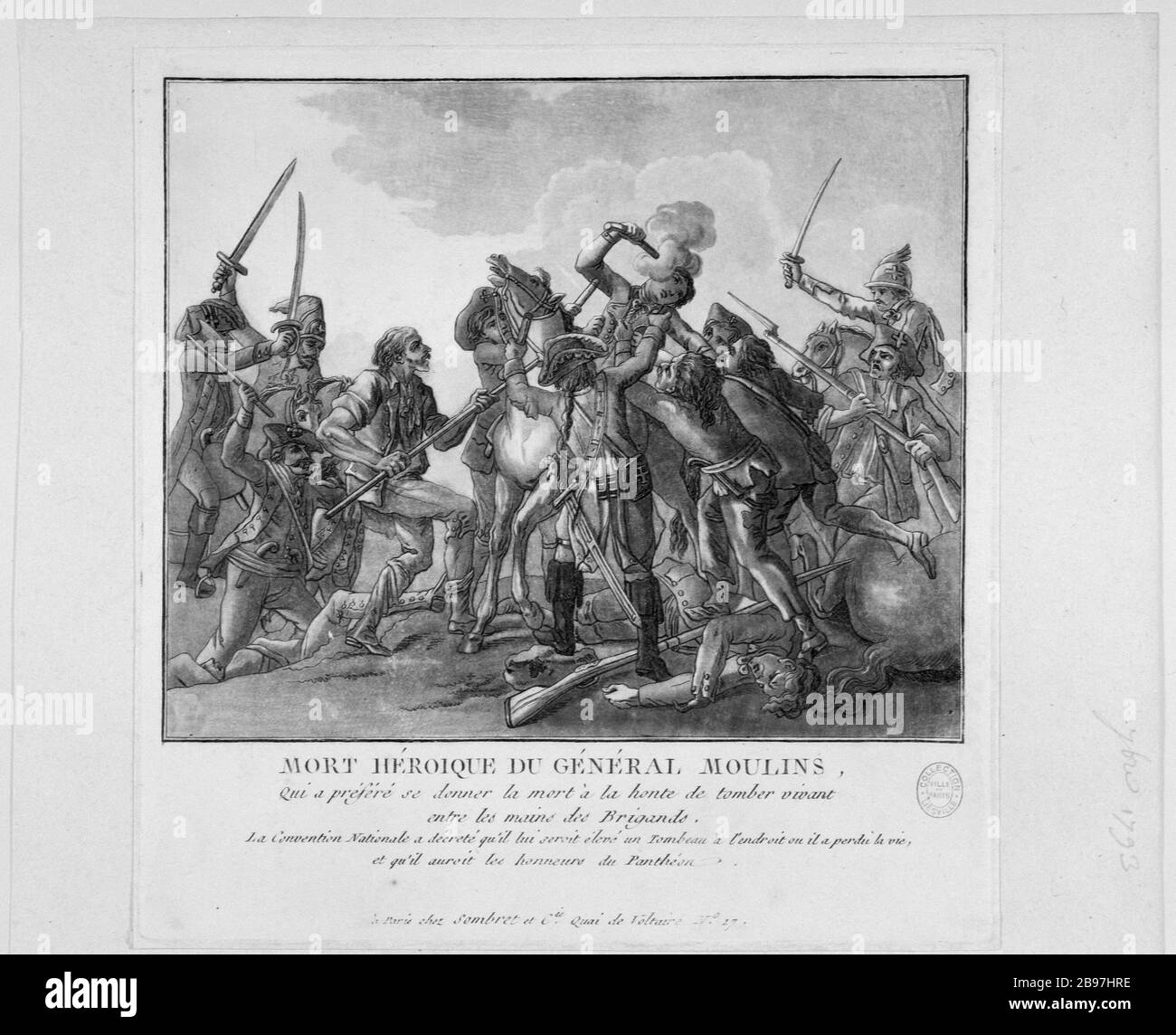 SUICIDE HÉROÏQUE GENERAL MILLS SUR LE CHAMP DE BATAILLE, SEPTEMBRE 1793. ÉPISODE DES GUERRES Vendée Anonyme ( - ) ; Sombret ( - ). 'Mort héroïque du général Moulins, qui a pré féré se donner la mort à la honneur de tomber vivant entre les mains des Brigands'. Épisode des guerres de Vendée, septembre 1793. Document du Cabinet d'arts graphiques. Aquapointe, vers 1793. Paris, musée Carnavalet. Banque D'Images