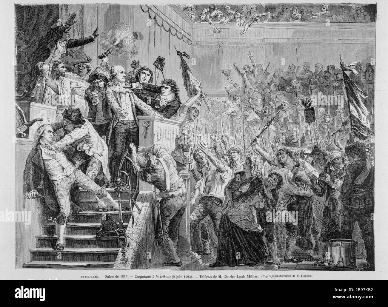 RÉVOLUTION FRANÇAISE: JEAN-DENIS LANJUINAIS EN FAVEUR DES GIRONDINS LA TRIBUNE DE L'ASSEMBLÉE NATIONALE, PALAIS DES TUILERIES, courant du premier arrondissement, LE 2 juin 1793 Charles Louis Lucien Muller (1815-1892); Alexandre Jacob (1876-1972). Révolution française : Jean-Denis Lanjuinais, à la tribune, descendant des Girondins à la tribune de l'Assemblée nationale, palais des Tuileries, actuel 1er arrondissement, le 2 juin 1793. Document du Cabinet d'arts graphiques. Rage pour une illustration à partir d'une gravure sur bois. Paris, musée Carnavalet. Banque D'Images