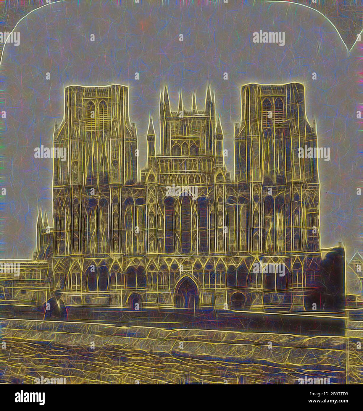 Wells Cathedral, London Stereoscopic Company (active 1854 - 1890), vers 1860, impression argentée d'albumine, revisitée par Gibon, conception de chaleureux gai lumineux et lumineux rayonnant. L'art classique réinventé avec une touche moderne. Photographie inspirée par le futurisme, embrassant l'énergie dynamique de la technologie moderne, le mouvement, la vitesse et révolutionnez la culture. Banque D'Images