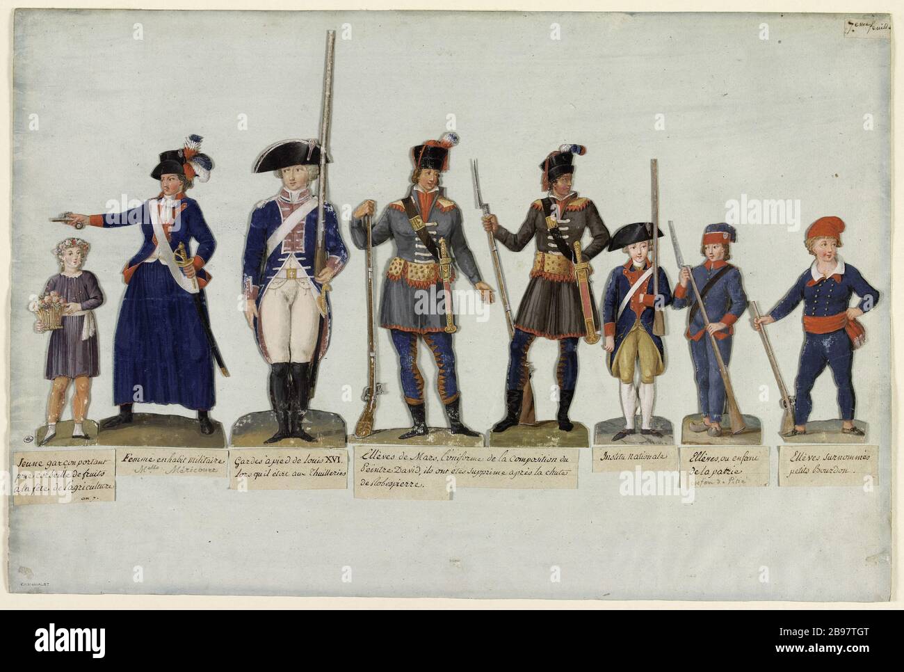 Theraigne Méricourt habillée amazonie Jean-Baptiste Lesueur (1749-1826). 'Théroigne de Méricourt en habitude d'amazone'. Gouache sur carton coupé assemblé sur une feuille de papier lasée de bleu. Paris, musée Carnavalet. Banque D'Images