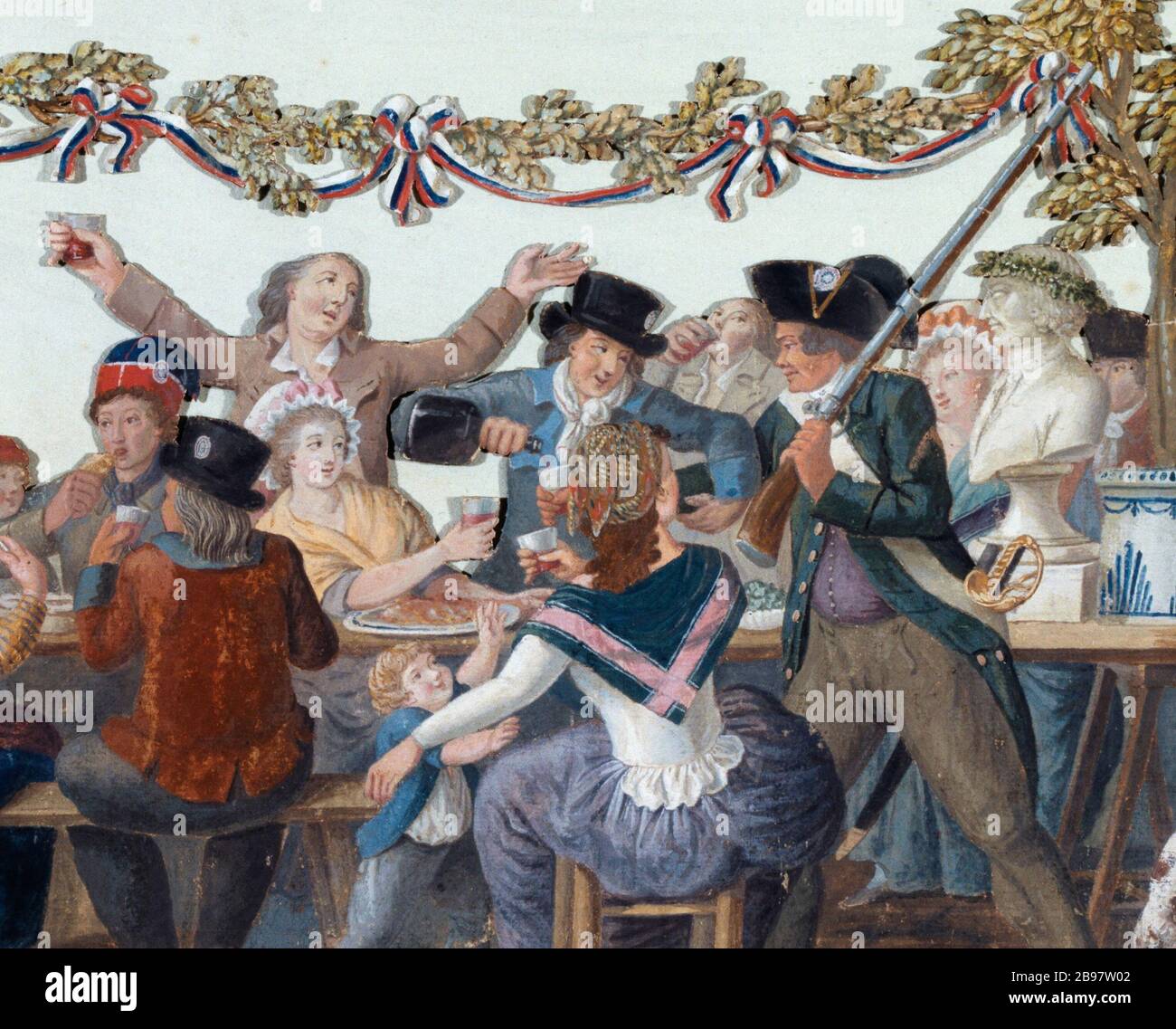 REPAS REPUBLICAIN, MESSIDOR AN 2 (JUIN 1794) Jean-Baptiste Lesueur (1749-1826). 'Repas républicain à Paris'. Gouache sur carton coupé assemblé sur une feuille de papier lasée de bleu. Paris, musée Carnavalet. Banque D'Images