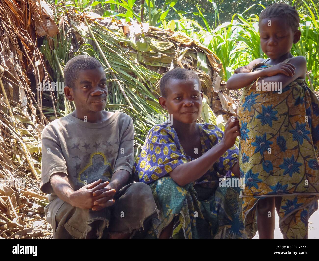 La famille des Mbuti pygmy de la forêt tropicale de l'Ituri DRCongo assis à l'extérieur de leur cabane à feuilles. Banque D'Images