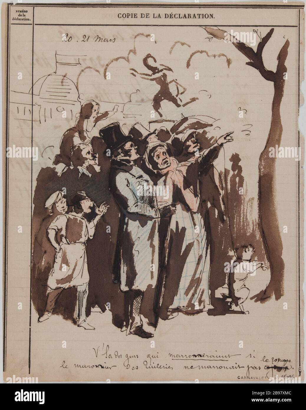 V'la People marroneraient si Maronier Tuileries pas marronait ce jour-là le 20 mars. Paul Hadol (1835-1875). 'V'la gens qui marroneraient si le marinier des Tuileries ne marronait pas ce jour là-dessus 20 mars'. Encre noire à la plume, lavis brun, crayon de couleur rouge et bleu sur papier vierge. Paris, musée Carnavalet. Banque D'Images